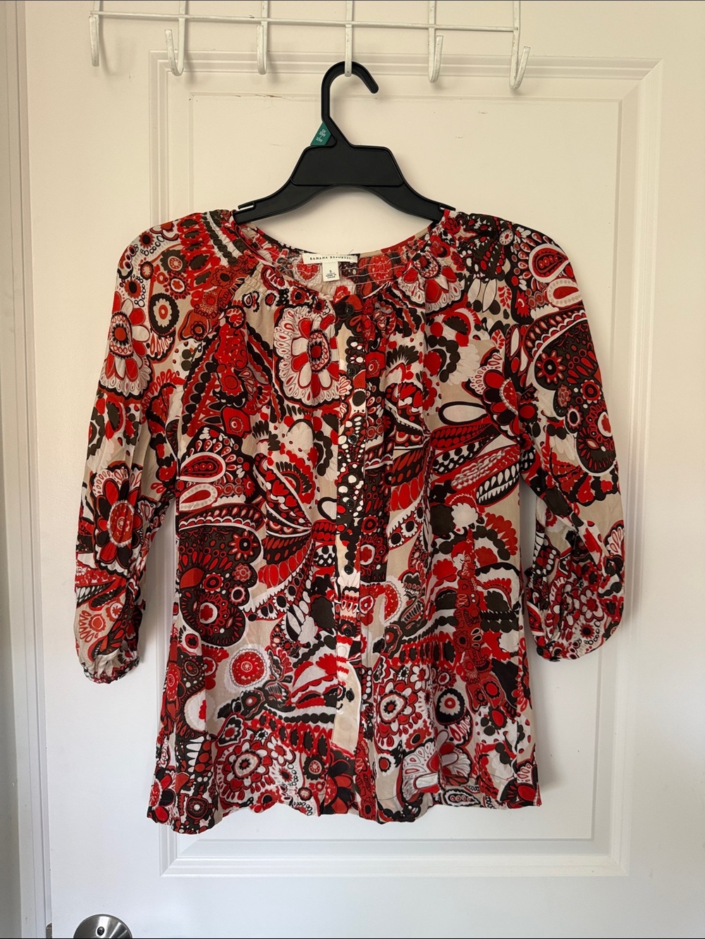 Banana Republic Red and Black Paisley Button-Front Peasant Blouse